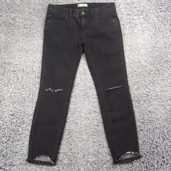 Free People Jeans Women 27 Black Mid Rise Slim Raw Hem Stretch Denim Distressed - Picture 3 of 10